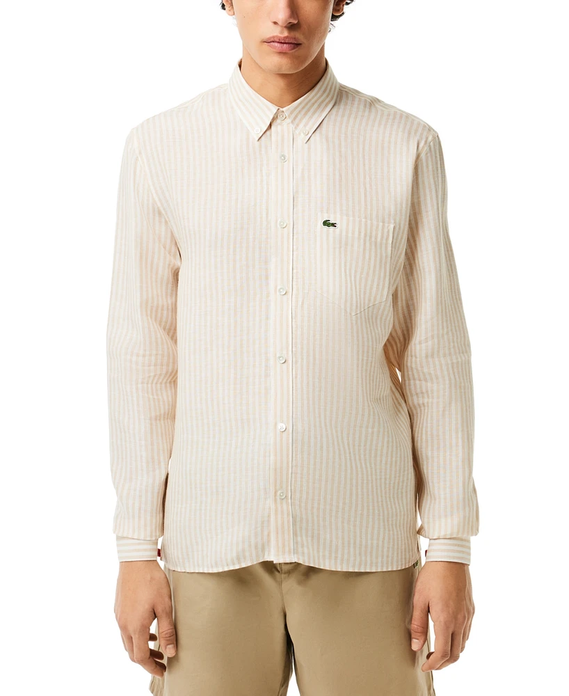 Lacoste Men's Long Sleeve Striped Button-Down Linen Shirt