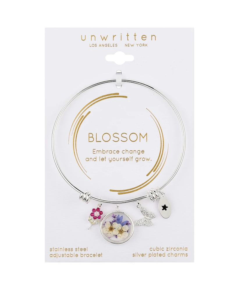 Unwritten Cubic Zirconia Flower, Butterfly, Dried Flower Pendant Bangle Bracelet