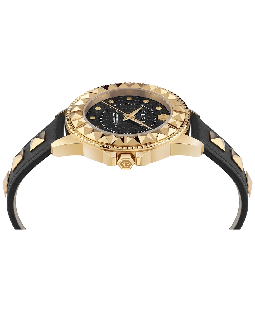 Philipp Plein Women's Lady Rock Gold-Tone Studded Black Leather Strap Watch 38mm