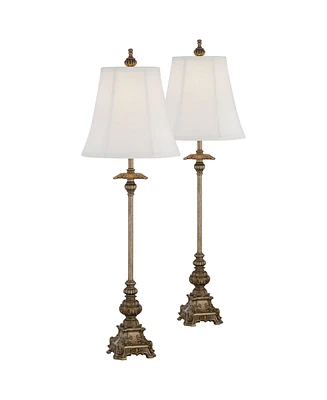 Juliette Traditional French Country Style Buffet Table Lamps 36.5" Tall Skinny Set of 2 Antique Gold Ornate Base White Fabric Bell Shade Decor for Liv