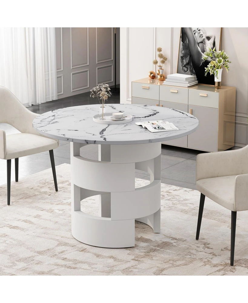 Simplie Fun 42.12" Modern Round Dining Table With Printed Marble Tabletop For Dining Room, Kitchen, Living Room