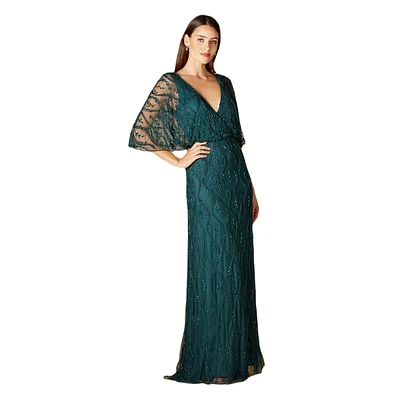 Women's Illusion Cape Sleeve Beaded Gown