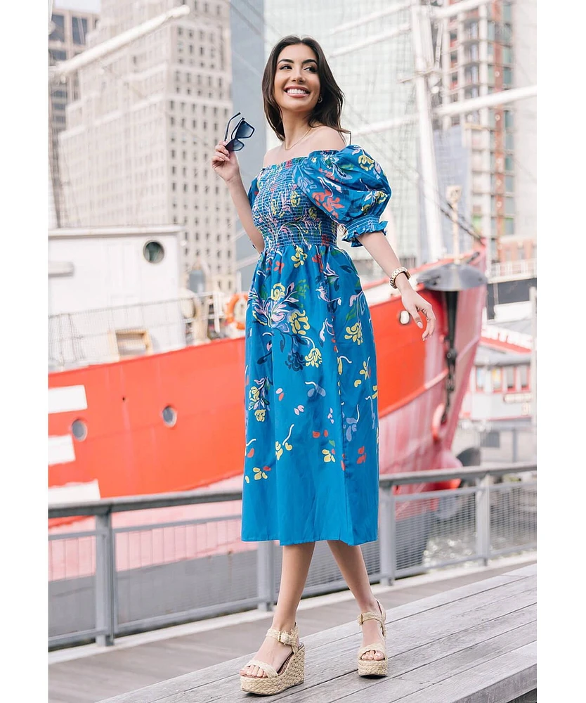 Jessie Zhao New York Night Flower Smocked Cotton Silk Midi Dress