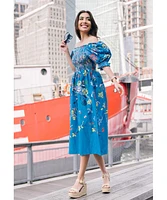 Jessie Zhao New York Night Flower Smocked Cotton Silk Midi Dress