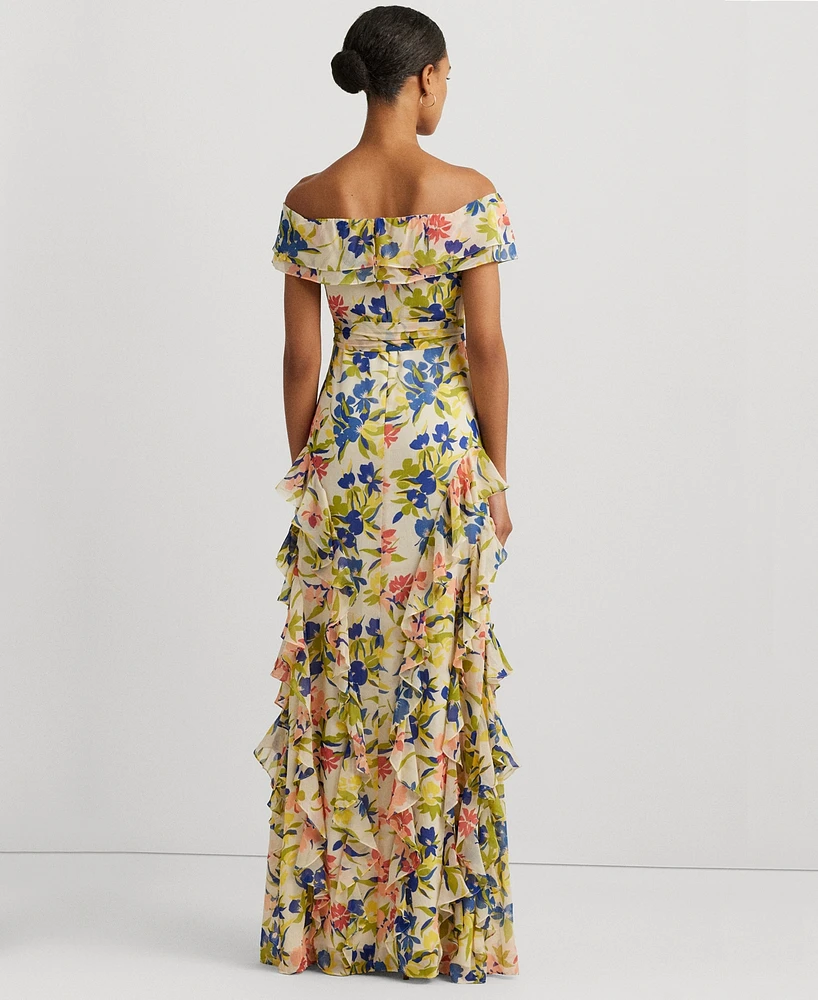 Lauren Ralph Women's Ruffled Floral Off-The-Shoulder Gown