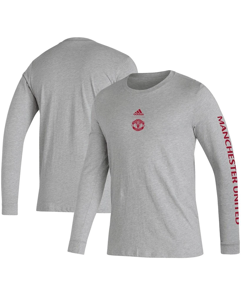 Men's adidas Heather Gray Manchester United Team Crest Long Sleeve T-shirt