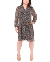 Msk Plus Floral-Print Chiffon Pintuck Shirtdress