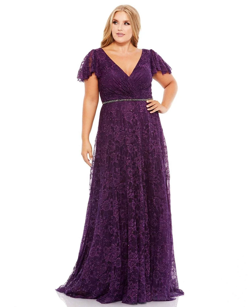 Women's Plus Embellished Flutter Sleeve Evening Gown