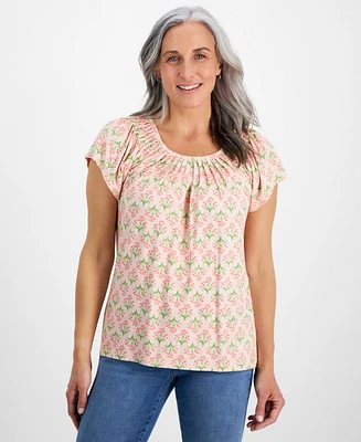 Style & Co Petite Flower Bunch Pleat-Neck Top, Created for Macy's