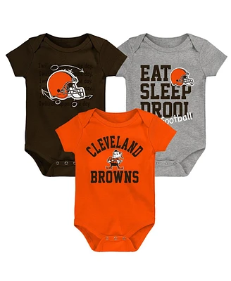 Baby Boys and Girls Brown, Orange, Heather Gray Cleveland Browns Three-Pack Eat, Sleep Drool Retro Bodysuit Set
