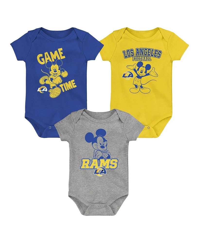 Baby Boys and Girls Royal, Gold, Gray Los Angeles Rams Three-Piece Disney Game Time Bodysuit Set