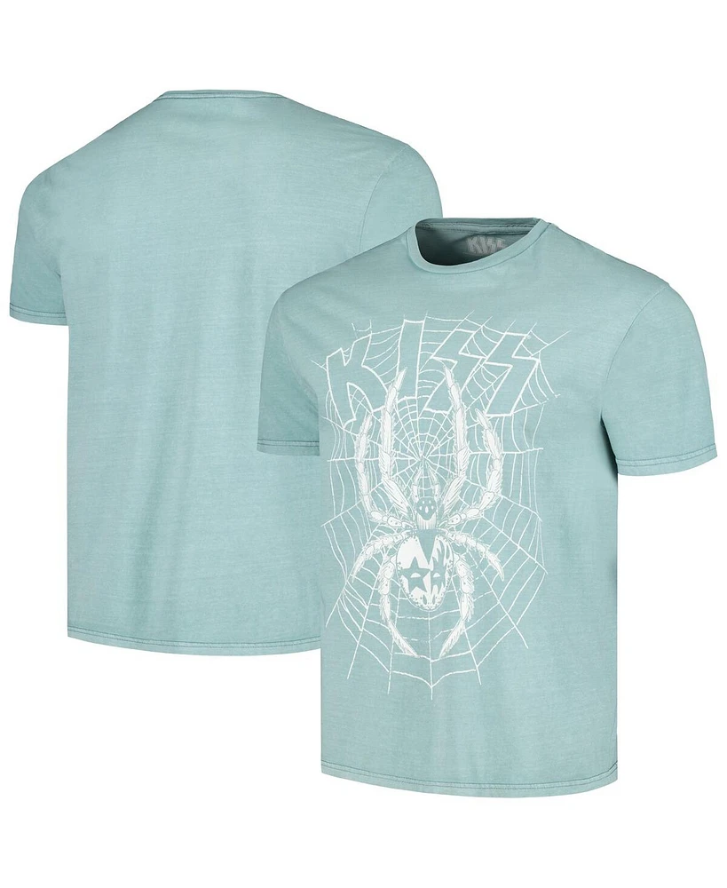 Men's Light Blue Distressed Kiss Spider Washed Graphic T-shirt