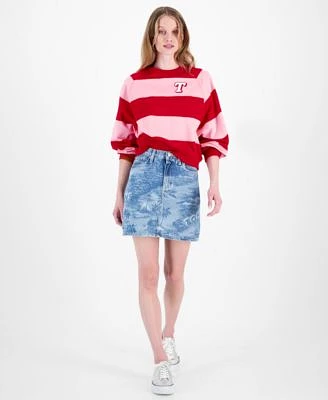 Tommy Jeans Womens Striped Letterman Crewneck Cotton Sweatshirt Hawaiian Print Denim Mini Skirt