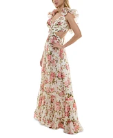 B Darlin Juniors' Floral-Print Strappy-Back Ruffled Gown
