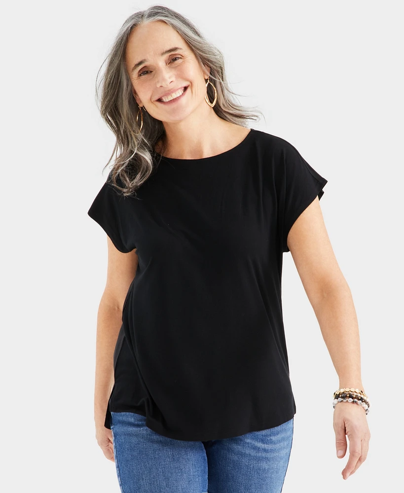 Style & Co Women's Boat-neck Short-Sleeve Mixed Media Tee, Created for Macy's