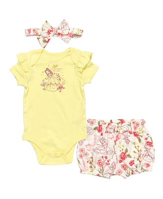 Disney Baby Girls Princess Belle Baby Bodysuit Shorts and Headband 3 Piece Outfit Set