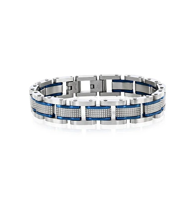 Metallo Stainless Steel Textured Blue and Silver Link Bracelet