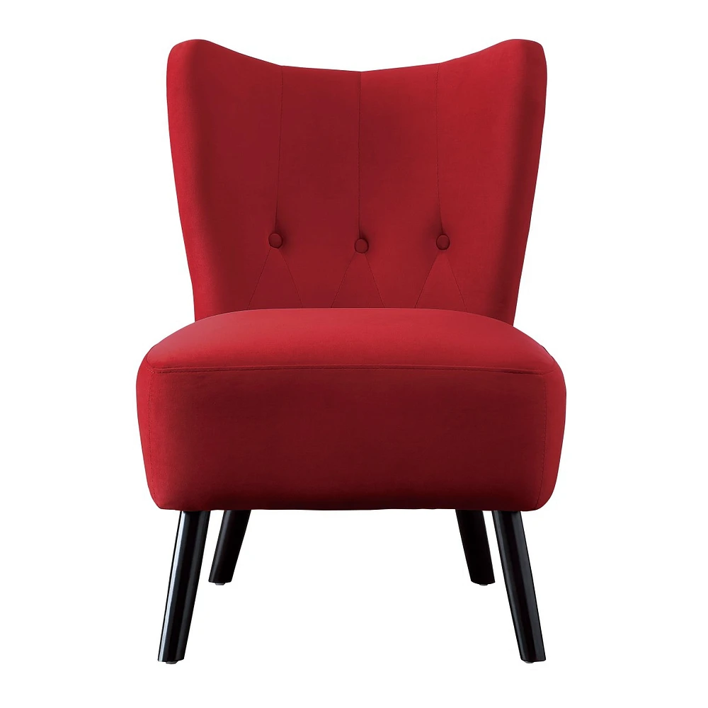 Simplie Fun Unique Style Red Velvet Covering Accent Chair Button-Tufted Back Brown Finish Wood Legs Modern