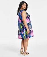 Charter Club Plus Size 100% Linen Printed Split-Neck Dress, Created for Macy's