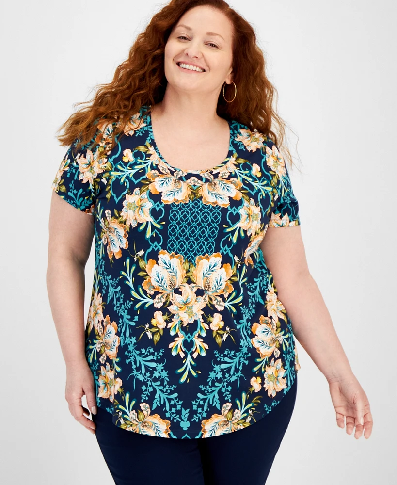 Jm Collection Plus Oasis Flora Scoop-Neck Top, Created for Macy's