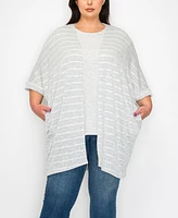 Coin 1804 Plus Textured Jacquard Stripe Rolled Sleeve Pocket Kimono Top