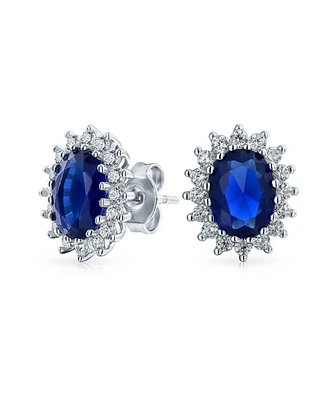 5CT Oval Royal Blue Stud Earrings For Women Simulated Sapphire Cz Halo Crown.925 Sterling Silver