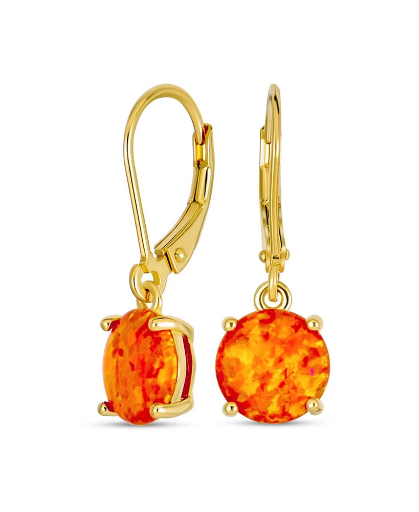 Bling Jewelry Simple Round Solitaire Orange Created Mexican Created Opal Lever back Drop Earrings Gold Plated Sterling Silver