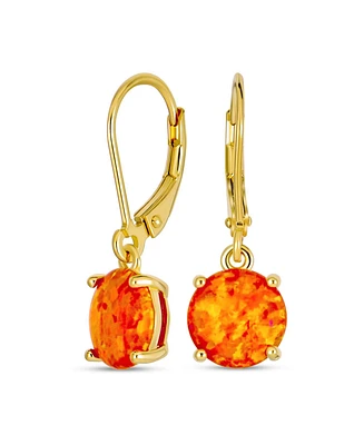 Simple Round Solitaire Orange Created Mexican Created Opal Lever back Drop Earrings Gold Plated.925 Sterling Silver