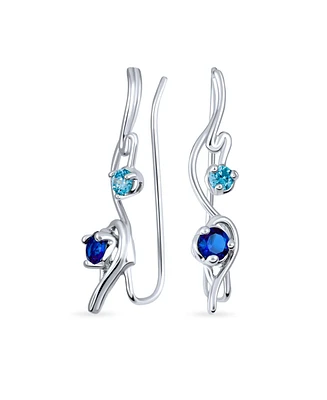 Swirl Wire Ear Pin Climbers Aqua Blue Cubic Zirconia Earrings For Women Simulated Sapphire Cz Crawlers Sterling Silver