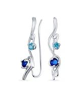 Swirl Wire Ear Pin Climbers Aqua Blue Cubic Zirconia Earrings For Women Simulated Sapphire Cz Crawlers Sterling Silver