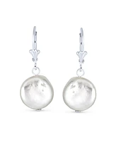 Bling Jewelry Baroque Irregular Round Coin Shaped White Biwa Coin Freshwater Cultured Pearl Dangle Earrings For Women Sterling Silver Lever back