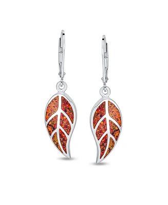 Inspired Red Brown Earth Tones Created Opal Inlay Lever back Nature Leaf Dangle Drop Earrings Western Jewelry For Women.925 Sterling Silver