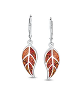 Inspired Red Brown Earth Tones Created Opal Inlay Lever back Nature Leaf Dangle Drop Earrings Western Jewelry For Women.925 Sterling Silver