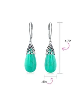 Bling Jewelry Western Style Stabilized Natural Turquoise Elongated Teardrop Filigree Lever Back Dangle Earrings Sterling Silver