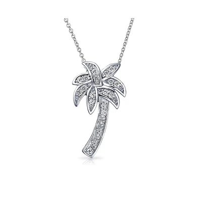 Hawaiian Nautical Pave Cubic Zirconia Cz Tropical Beach Vacation Palm Tree Necklace Pendant For Women .925 Sterling Silver