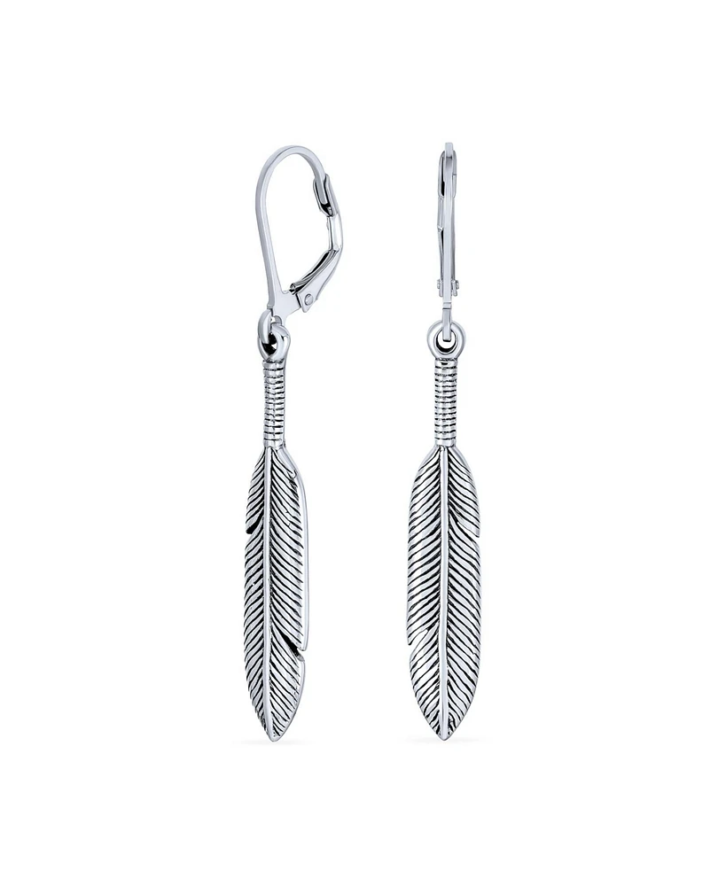 Bling Jewelry Leaf Feather Oxidized Two Tone Lever back Dangle Earrings For Women Oxidized Sterling Silver