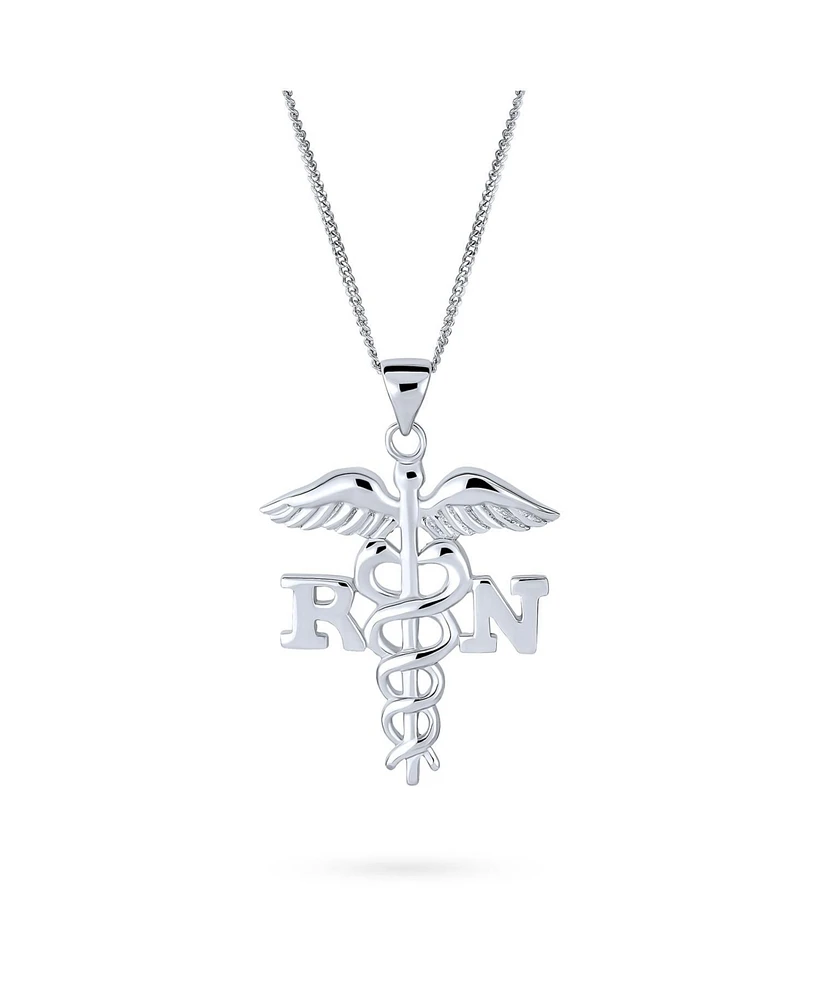 Angel Wings Stethoscope Symbol of Registered Rn Nurse Caduceus Pendant Charm Necklace For Women Graduation .925 Sterling Silver