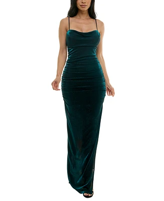 Emerald Sundae Juniors' Cowlneck Ruched Metallic-Knit Gown