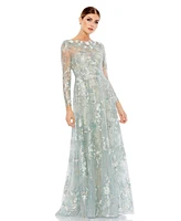 Women's Floral Embroidered Illusion Long Sleeve Gown