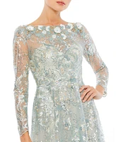 Women's Floral Embroidered Illusion Long Sleeve Gown