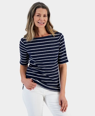 Style & Co Petite Striped Boat-Neck Elbow-Sleeve Top, Created for Macy's