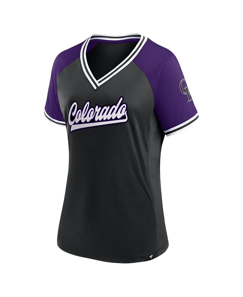 Women's Fanatics Black Colorado Rockies Glitz and Glam League Diva Raglan V-Neck T-shirt