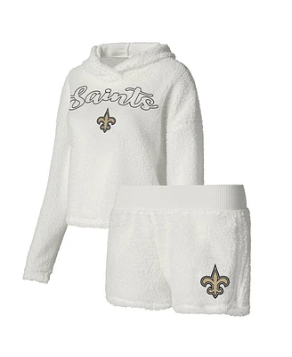 Women's Concepts Sport White New Orleans Saints Fluffy Pullover Sweatshirt and Shorts Sleep Set