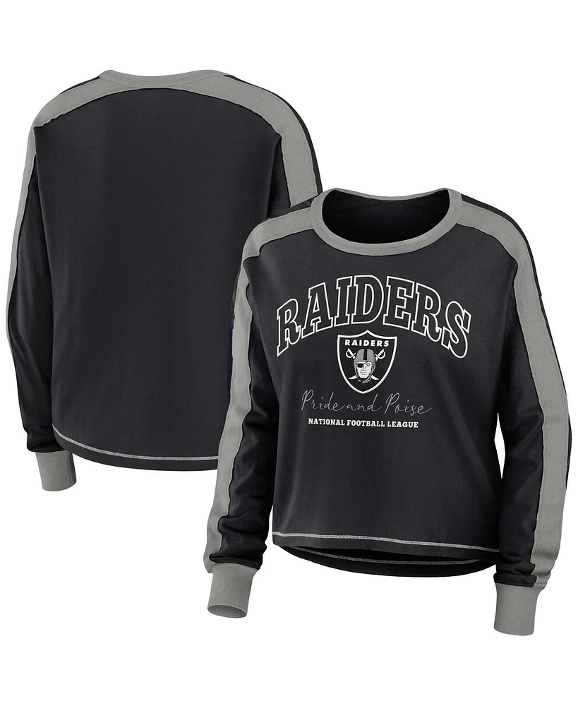 Women's Wear by Erin Andrews Black, Silver Las Vegas Raiders Color Block Modest Crop Long Sleeve T-shirt