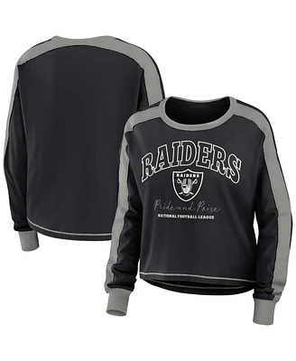 Women's Wear by Erin Andrews Black, Silver Las Vegas Raiders Color Block Modest Crop Long Sleeve T-shirt