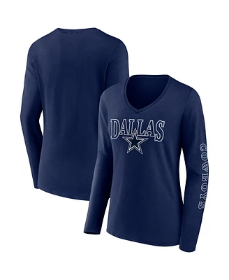 Women's Fanatics Navy Dallas Cowboys Wordmark Long Sleeve V-Neck T-shirt