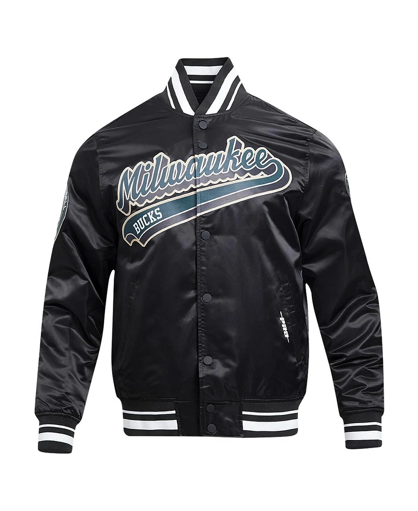 Men's Pro Standard Black Milwaukee Bucks Script Tail Full-Snap Satin Varsity Jacket
