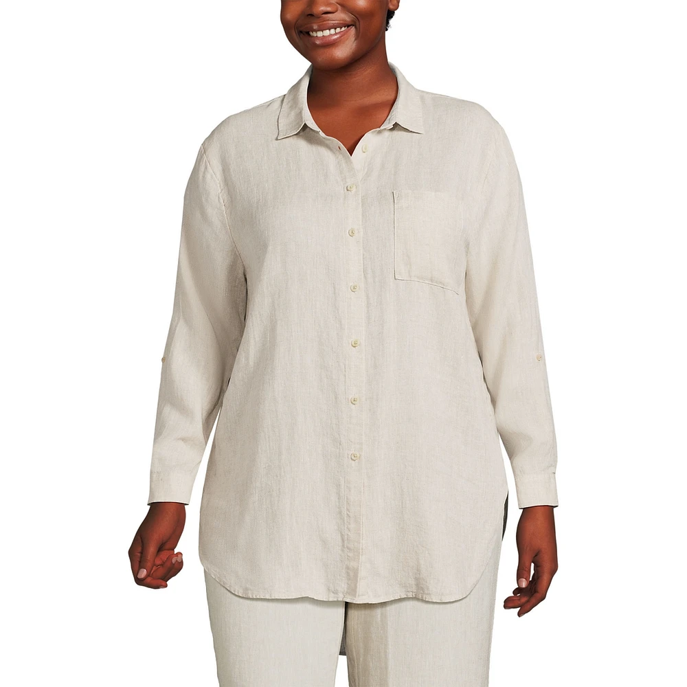 Lands' End Plus Linen Roll Sleeve Over d Relaxed Tunic Top