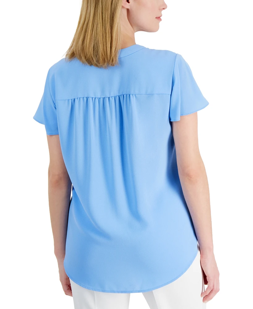 Ak Anne Klein Petite Pleat-Front Flutter-Sleeve Top