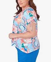 Alfred Dunner Plus Neptune Beach Whimsical Floral Top with Side Ties